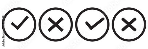 Checkmark x mark icon. Green checkmark and red x sign. Correct error vector symbol isolated on white background. Vote checkmark in circle and square box.