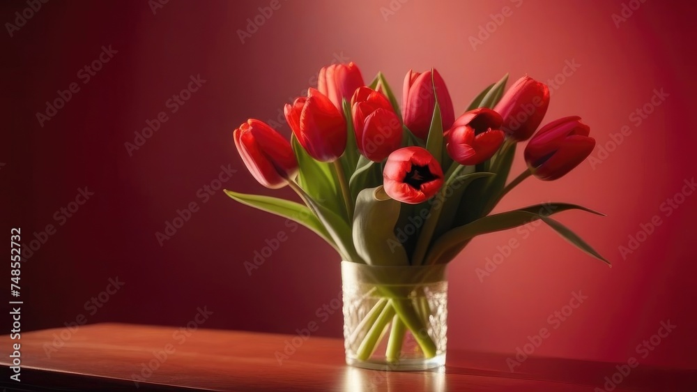 A bouquet of red tulips in a vase on a red background. Space for text, free space. A bouquet of red tulips in a vase on a red background. Space for text, free space.