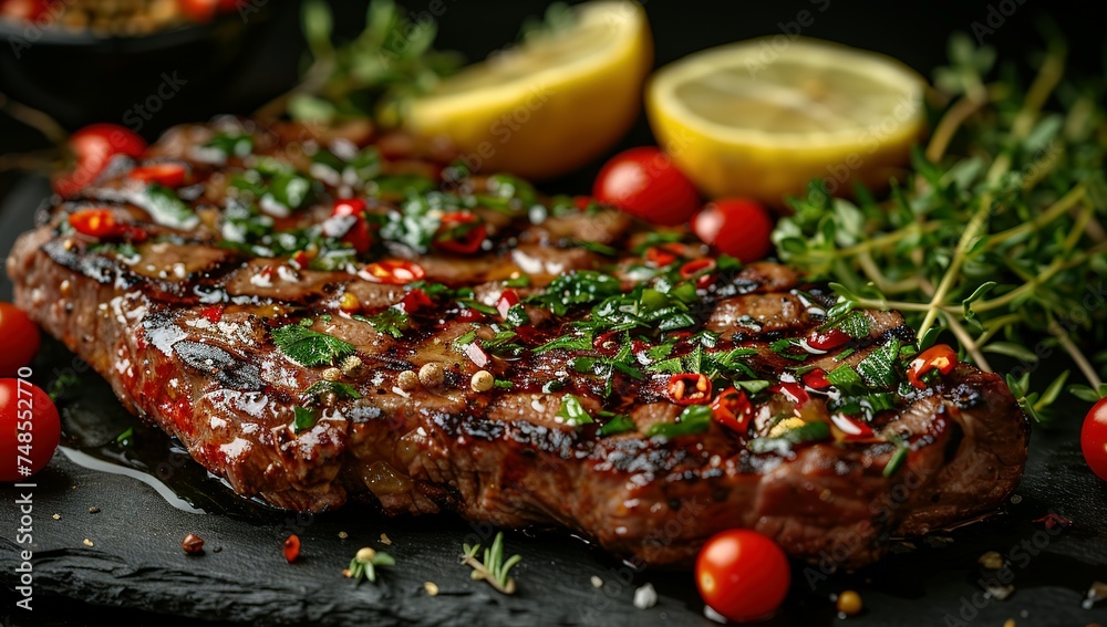 Delicious grilled beef with vegetables and lemon on table, closeup Delicious grilled beef with vegetables and lemon on table, closeup