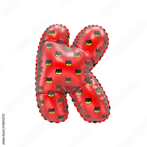 3D inflated balloon letter K with red and yellow meme coin Shiba Inu pattern