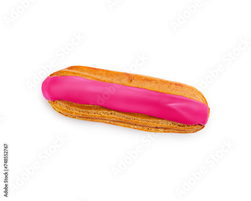 Eclair dessert with pink icing on white