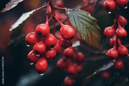 Succulent Red berries branch fall ripe. Small macro ash crimson. Generate Ai