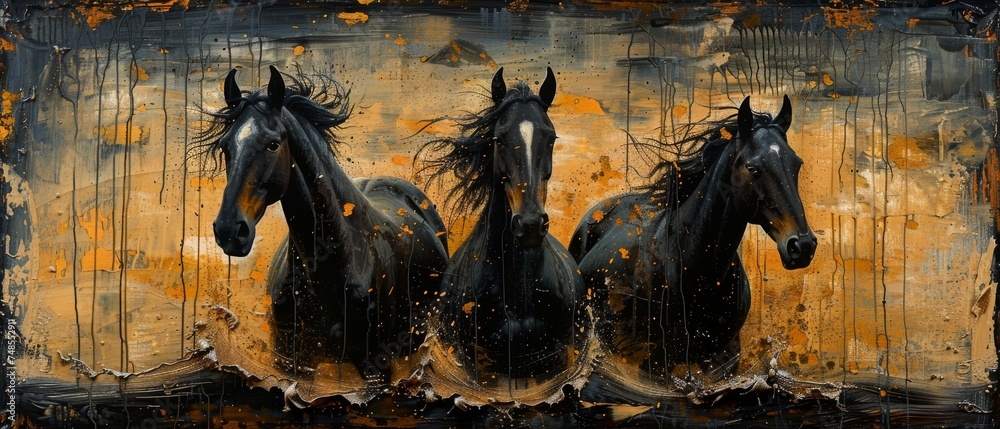 Fototapeta premium The topic of modern paintings is abstract, with metal elements, texture backgrounds, horses, animals, etc.