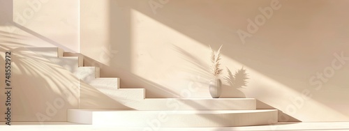 Cream podium with stair interior. Wall with sunlight and shadow. Beige empty pedestal. AI generate