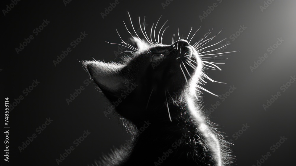 a black and white photo of a cat with its head up and it's eyes wide open looking up.