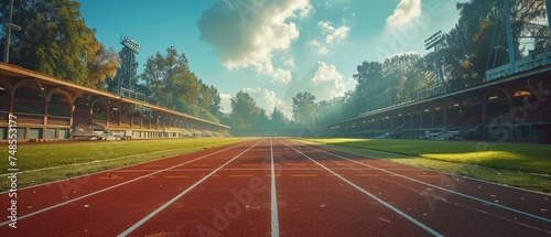 Various sport backgrounds. Soccer stadium and running track. Dramatic scene.