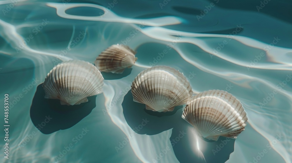 Three seashells gracefully float in a pool of water, creating a serene and delightful summer scene Three seashells gracefully float in a pool of water, creating a serene and delightful summer scene