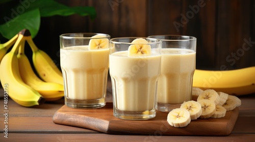 A smoothie made from a ripe banana on a table background. A refreshing refreshing drink, a delicious snack and breakfast. A healthy organic drink. Proper nutrition and diet.