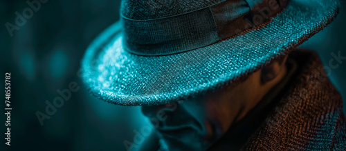 Suspicious looking unidentified man face closeup with fedora hat and a coat blue-toned at dusk - Illegal deal shady activities trafficker mafia hitman concept  photo
