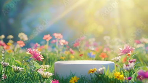 A white bowl is placed in the center of a vibrant field filled with colorful flowers