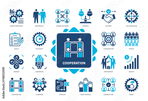 Cooperation icon set. Group Processes, Reciprocity, Fairness, Collaboration, Partnership, Synergy, Goals, Benefit. Duotone color solid icons