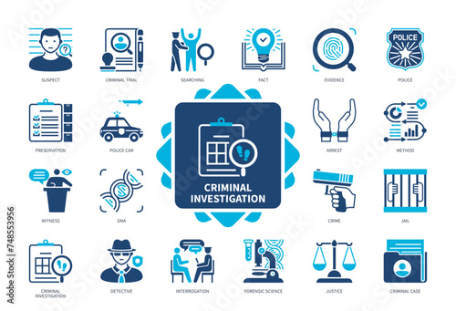 Criminal Investigation icon set. Suspect, Detective, Witness, Interrogation, Forensic Science, Justice, Criminal Case, Searching. Duotone color solid icons