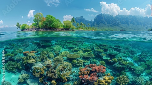 Split view of coral reef and tropical island