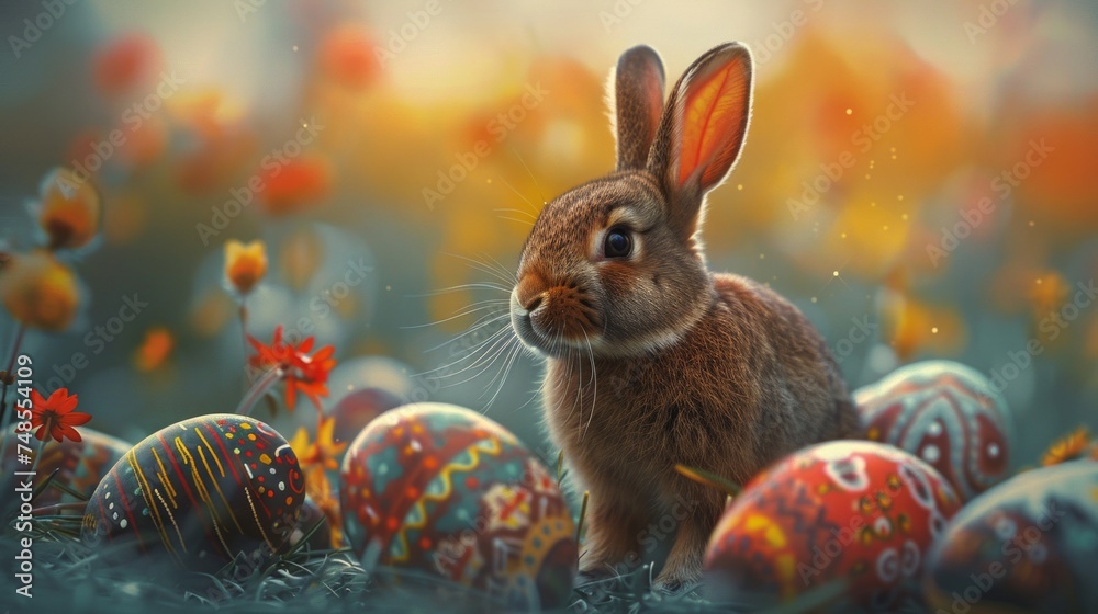 A painting featuring an Easter rabbit amidst a collection of colorful Easter eggs A painting featuring an Easter rabbit amidst a collection of colorful Easter eggs