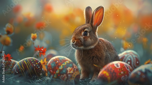 A painting featuring an Easter rabbit amidst a collection of colorful Easter eggs