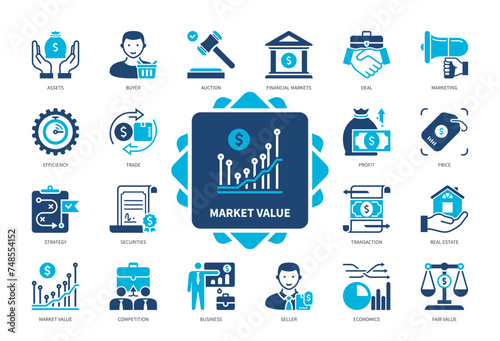 Market Value icon set. Assets, Marketing, Profit, Securities, Trade, Financial Markets, Transaction, Real Estate. Duotone color solid icons