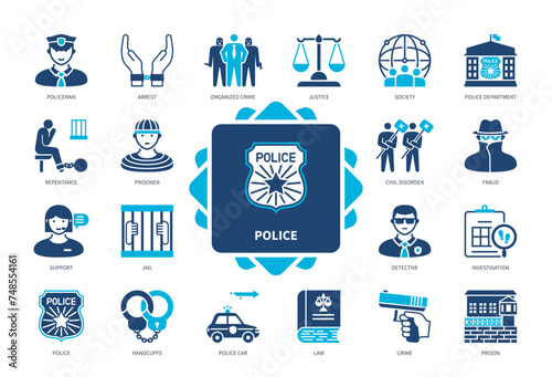 Police icon set. Arrest, Crime, Justice, Police Car, Detective, Handcuffs, Civil Disorder, Society. Duotone color solid icons photo