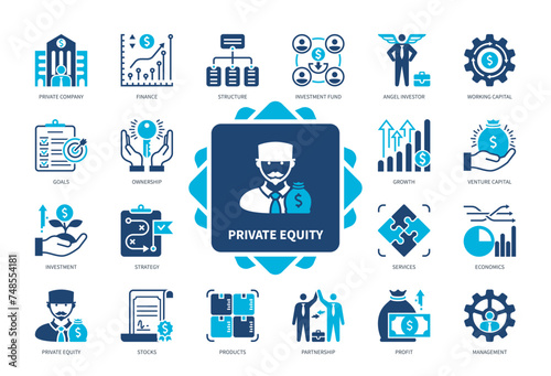Private Equity icon set. Private Company, Angel Investor, Venture Capital, Stocks, Profit, Goal, Investment, Management. Duotone color solid icons
