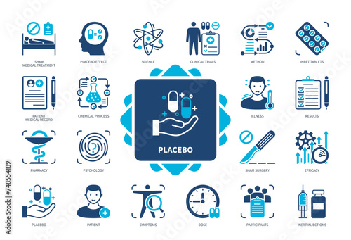 Placebo icon set. Placebo Effect, Clinical Trials, Patient, Inert Tablets, Sham Surgery, Efficacy, Participants, Illness. Duotone color solid icons