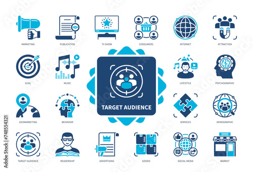 Target Audience icon set. Marketing, Attraction, Music, Goal, Lifestyle, Social Media, Psychographic, Demographic. Duotone color solid icons