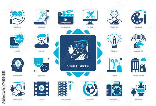 Visual Arts icon set. Drawing, Sculpture, Painting, Artist, Comics, Printmaking, Ceramics, Architecture. Duotone color solid icons
