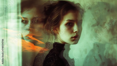 A woman's portrait, haunted by the silhouette of a lurking demon, symbolizing the unseen torment of mental health trauma.