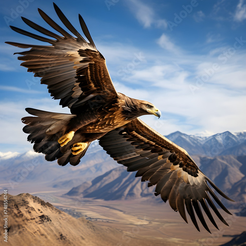 Majestic Mid-Flight Picture of an Aguila (Eagle) Soaring Above a breathtaking Landscape © Leonard