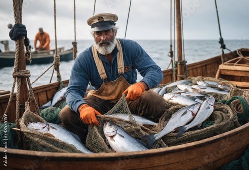 Senior male fisherman-sailor holds nets with fish catch in his hands. Wooden boat of working mariner. Commercial Fishing Industry. Ai generation photo