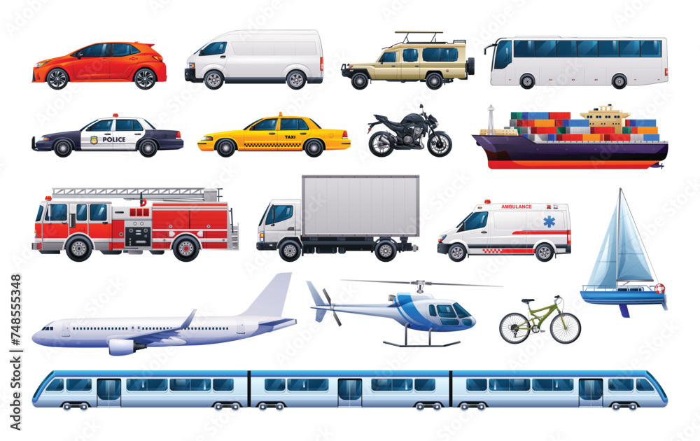 Set of transportation vehicles. Various kinds of vehicles. Vector cartoon illustration Set of transportation vehicles. Various kinds of vehicles. Vector cartoon illustration