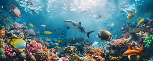 Shark and Tropical Fish Swimming Near Vibrant Coral Reefs © Prangthip
