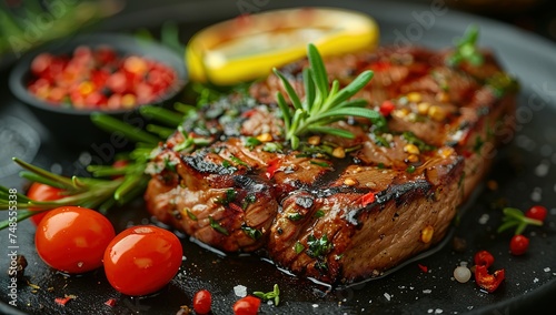 Delicious grilled beef with vegetables and lemon on table, closeup