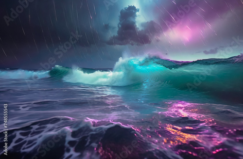 Magnifique paysage marin, l'océan la nuit, durant une forte tempête, couleurs flashy, grosses vagues © Rémi Ranguin 