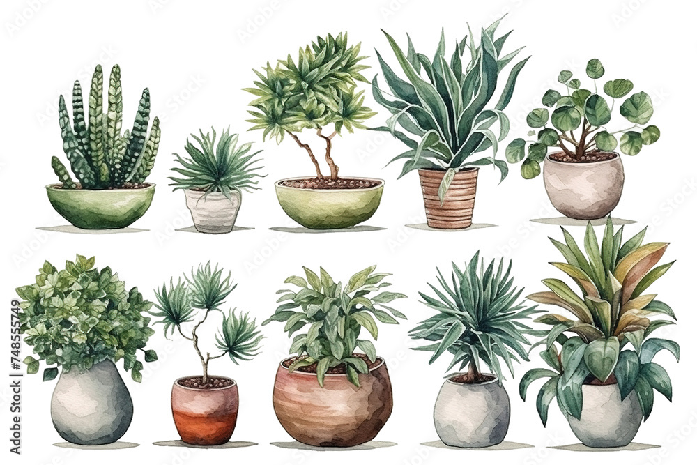 Collection of beautiful plants in ceramic pots isolated on transparent background Collection of beautiful plants in ceramic pots isolated on transparent background