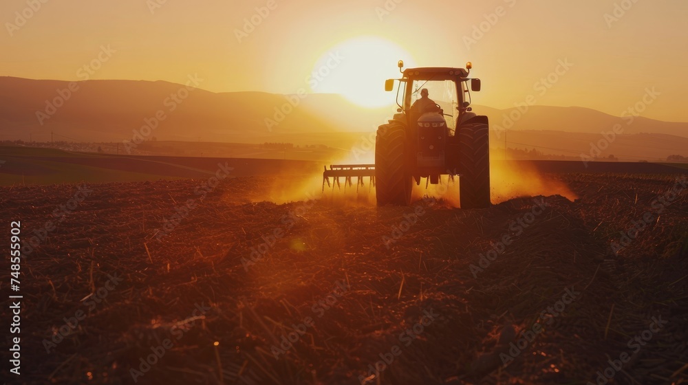 Fototapeta premium Agricultural workers with tractors. Ploughing a field with tractor at sunset