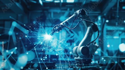 The advanced robot arm swiftly processes data with its cutting-edge chip and AI technology, completing complex tasks with precision on the intricate circuit board.