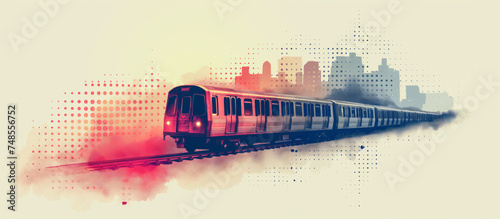 Vintage Subway Train in Transit with Urban Halftone Background