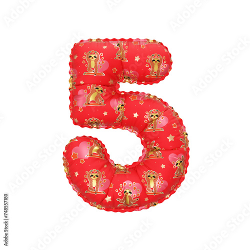 3D inflated balloon Number 5 with red yoga sloth love animal cartoon pattern