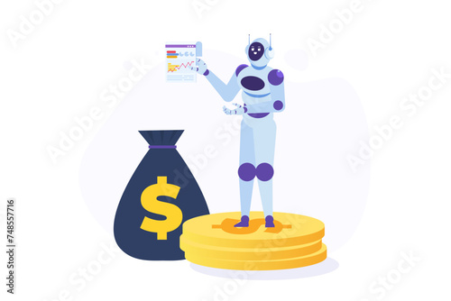 Robot making money for human business. Working with AI concept. Vector illustration. Can use for, landing page, template, web, homepage, poster, banner.