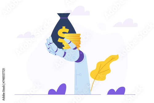 Robot making money for human business. Working with AI concept. Vector illustration. Can use for, landing page, template, web, homepage, poster, banner.