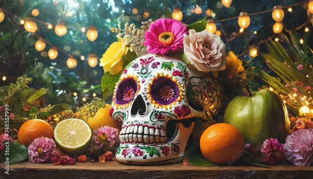 Day of the Dead Painted Skull with Decoration