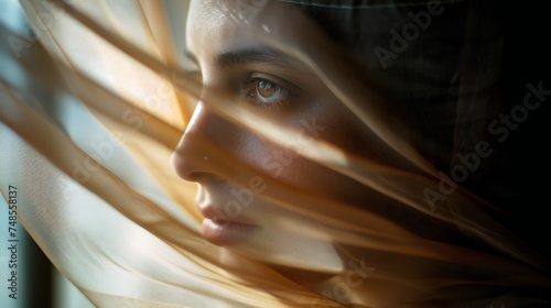 Veiled Vulnerability: A woman's portrait behind a translucent veil, depicting mental health struggles.
