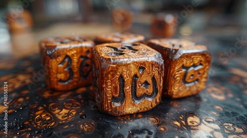 Congratulations on EID MUBARAK with wooden dice. Closeup photo