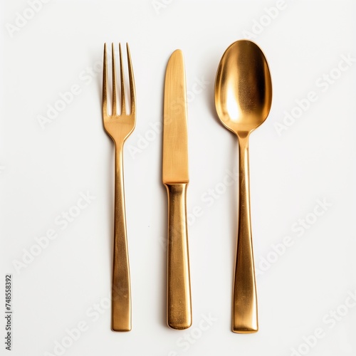 Golden fork, spoon and knife isolated on white background.