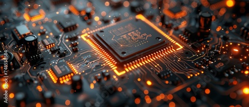Visualization of advanced technologies: circuit boards and processors introducing artificial intelligence in neural networks and cloud computing.
