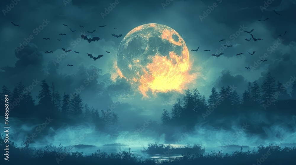 3D illustration of Halloween Night with Spooky Moon and Bats
