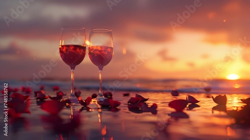 Two glasses of red wine on a beach with sunset and rose petals scattered around.
