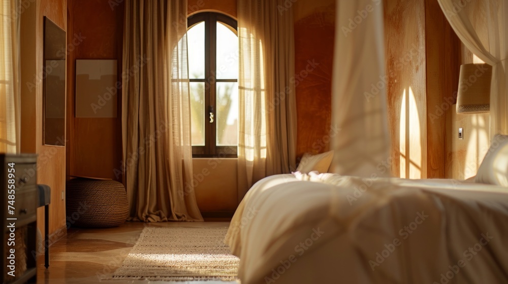 A bed is positioned next to a window in a bedroom setting A bed is positioned next to a window in a bedroom setting