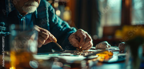 An elderly man sitting at a table, focused on writing on a piece of paper while carefully counting coins