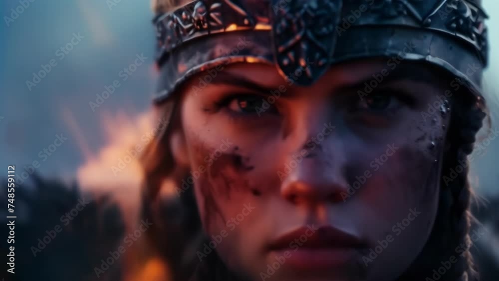 A smoldering gaze from a viking warrior as sparks dance around her face, emphasizing her strength and determination.
