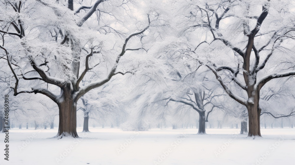a group of trees covered in snow next to a forest filled with lots of tall, thin, leafless trees. a group of trees covered in snow next to a forest filled with lots of tall, thin, leafless trees.